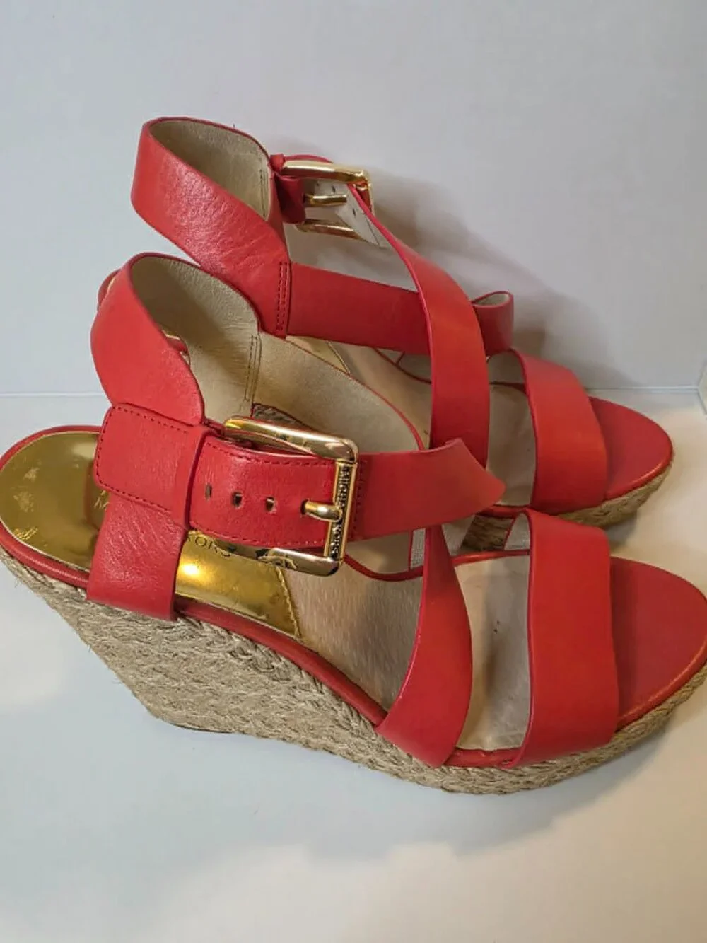 Michael Kors Leather Coral Espadrille Wedge Sandals – Size 9